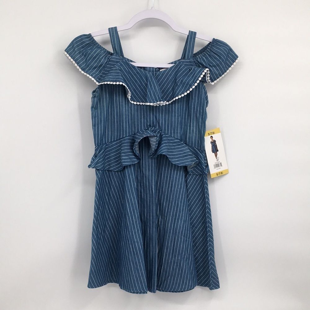 BCBGirls Striped Blue Ruffled Cold Shoulder Sundress S 7/8